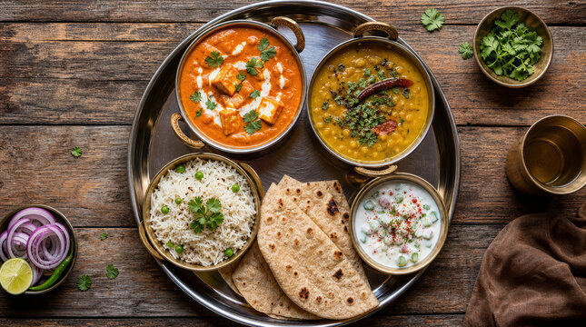 Top-down flat lay of traditional Indian Thali meal with paneer, dal, and roti on rustic wooden table.