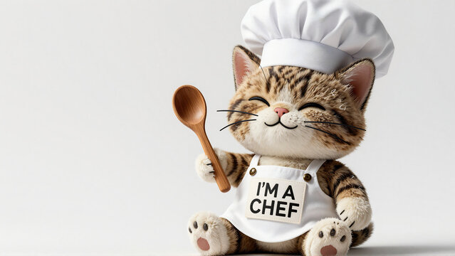 Cute Cat Chef Wearing Hat and Apron Holding Wooden Spoon