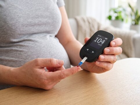 Pregnant Woman Checking Blood Glucose Level at Home During Gestational Diabetes Care