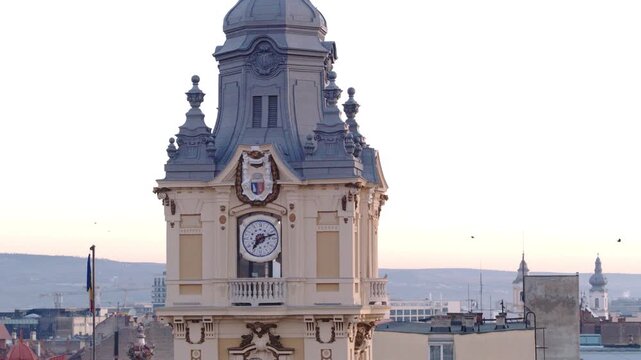 Close-up Aerial View of Historic City Hall Clock Tower in Cluj-Napoca