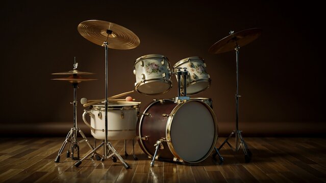 Vintage drum kit with cymbals and snare drums set up on a wooden floor in a dark studio