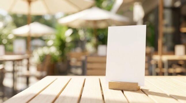 Empty vertical white card on a wooden table with a blurred outdoor cafe background.