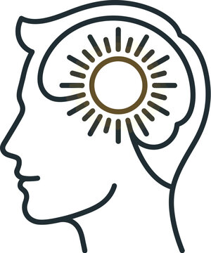 Head silhouette with a bright sun inside represents positive thinking.