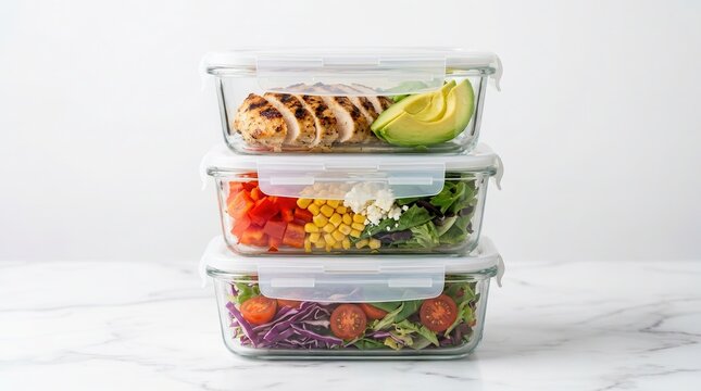 Stacked glass meal prep containers with grilled chicken and fresh vegetable salad for dieting.