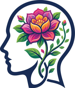 Head silhouette features a colorful blooming flower representing creative.