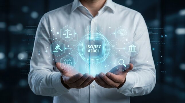 Man holding an infographic for ISO/IEC 42001 artificial intelligence management system control.