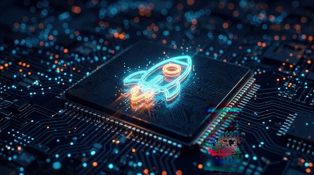 Glowing rocket icon on a computer chip symbolizing innovation and tech startup concepts.