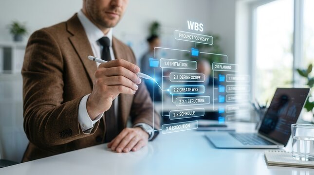 Businessman defining work breakdown structure WBS to manage project scope.