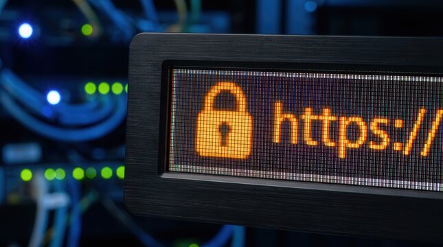 Digital HTTPS security padlock icon glowing on a web browser address bar display.