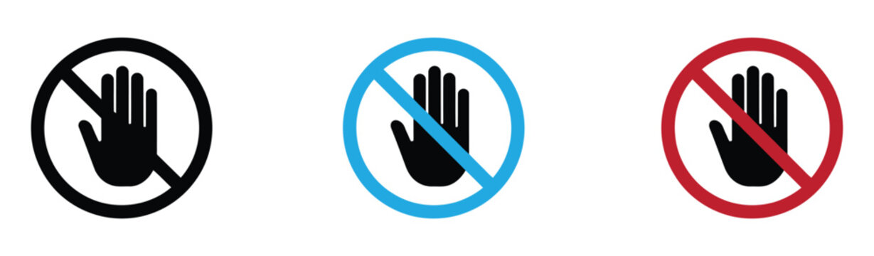 Set of three prohibition signs with hand icon. Stop hand sign icon set, prohibition gesture and no entry symbols for warning, restriction, safety communication and vector illustration design.