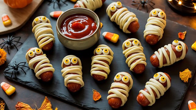 Halloween party food ideas mummy hot dogs with ketchup sauce