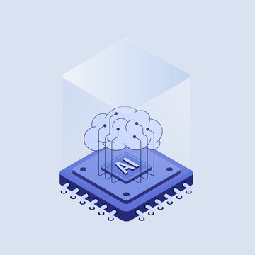 Artificial intelligence chip connected to a digital human brain isometric vector illustration. Concept of machine learning, future technology, and cyber security.