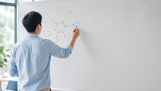 Innovative Thinking as Man Draws Network Diagram on Whiteboard