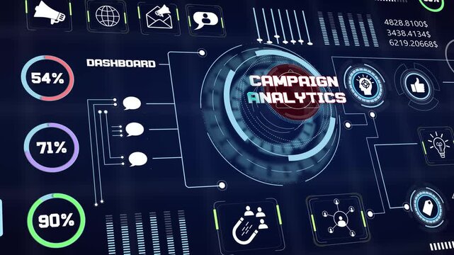 Business data evaluation screen tracking campaign analytics indicators including revenue progress and digital finance graphics