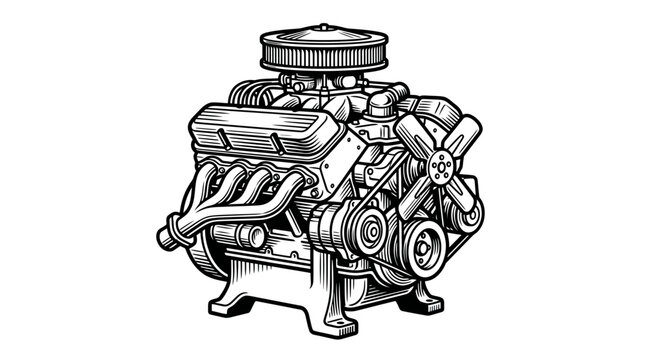 High performance V8 engine mechanical line drawing.