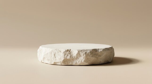 Minimalist white stone podium on a beige wall background for product display.
