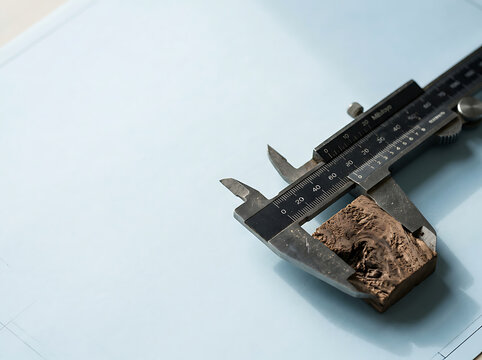 Vernier caliper measuring a piece of natural walnut wood on a light blue background