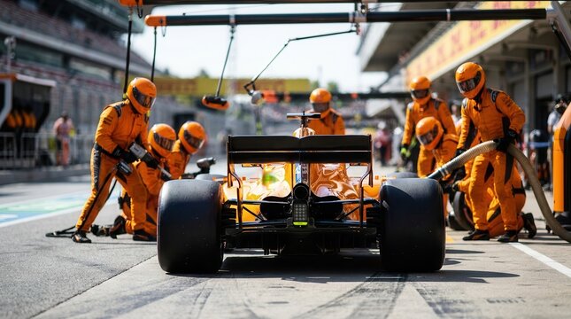 Professional pit crew in orange uniforms preparing for a pitstop during a race car pit lane arrival.