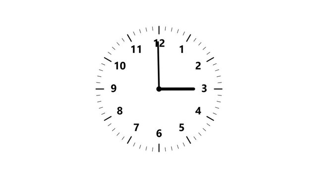 Minimalist Black and White Wall Clock Timelapse Animation, Clock 12 Hour Time Lapse. Fast Spinning Clock Hands Isolated on White Background