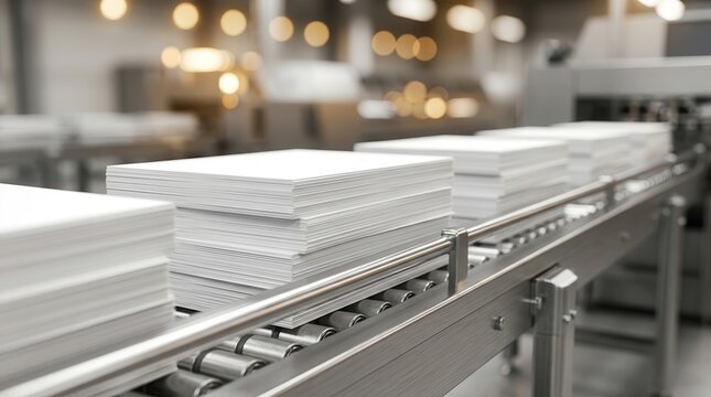 Stacks of white paper moving on a conveyor belt in a professional print factory.