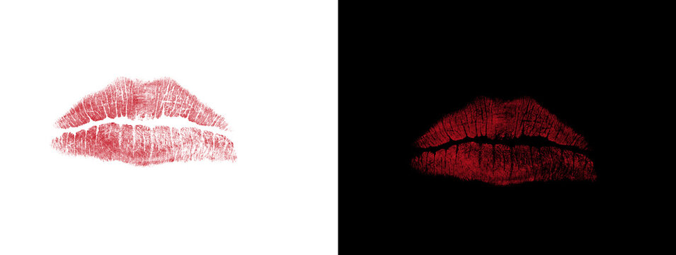 Bright Red Lip Print with Natural Shape on White and Black Split Background