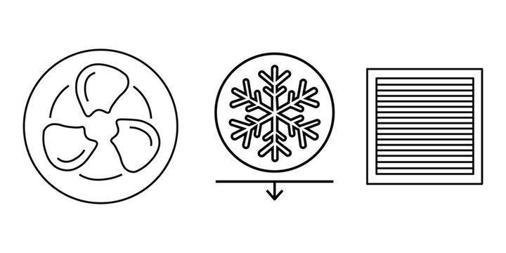 Air conditioning system ventilation line art vector illustration showing circular fan blade snowflake cooling symbol and square vent grate panel isolated on transparent background.