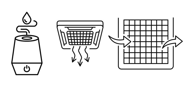 Air treatment and home filtration system vector illustration showing humidifier ceiling cassette unit and ventilation duct grid airflow for indoor air quality and maintenance.
