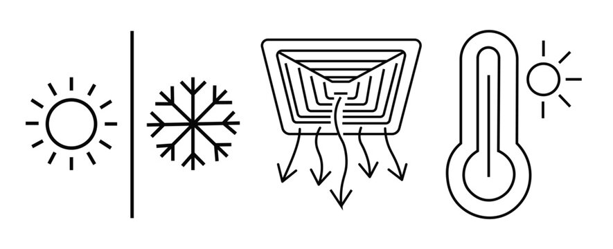 Climate control icons set vector illustration featuring sun and snowflake weather symbols air ceiling vent airflow path and digital thermometer gauge for smart home thermal management.