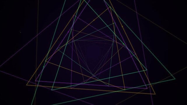 Abstract geometric neon triangle tunnel loop background.