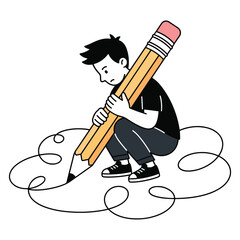 Creative young boy holding a giant yellow pencil while drawing messy lines on white background
