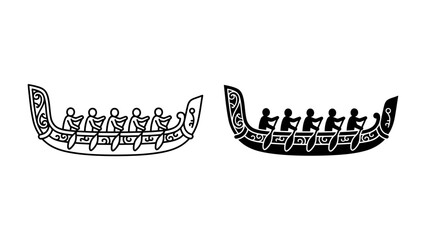 Viking Ship Illustration: Two stylized illustrations of a Viking longship with oarsmen, showcasing intricate patterns and a sense of ancient seafaring adventure. © Sugra