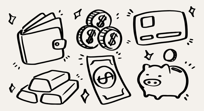 Hand Drawn Business and Finance Doodle Vector Elements Set. Financial Icons of Piggy Bank, Wallet, Credit Card, Gold, Coins, and Banknotes. Isolated Outline Graphic Illustration