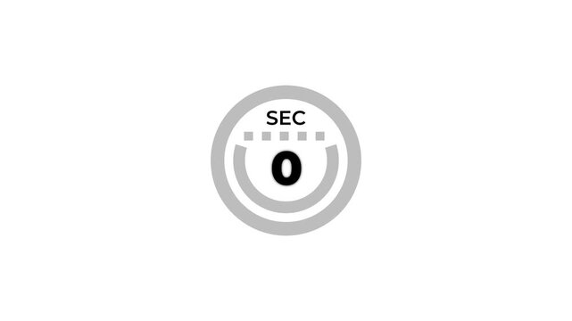5 second countdown with pie chart circle and dot animation on white screen. Five second countdown timer to zero second with transparent background.