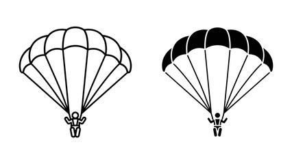 Parachuting Duo: Two stylized figures descend with open parachutes, one outlined and the other solid black, symbolizing aerial descent and adventure. © Al