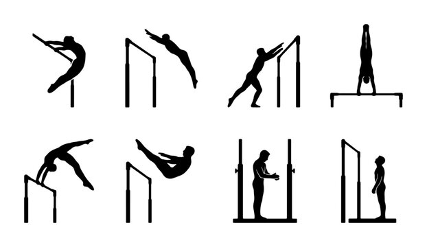 Gymnastics Silhouettes: Dynamic Poses on Parallel Bars, High Bar, and Rings, Athletic Action Vector Set