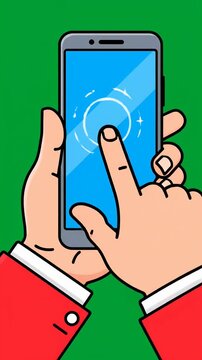 Illustrated hand holding vertical smartphone with blue screen.