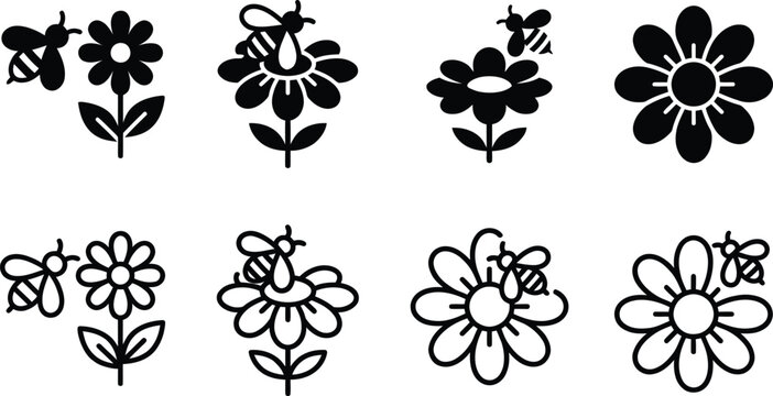bee and flower icons in black and white line art style featuring icon, illustration