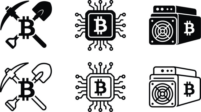 bitcoin mining icons featuring pickaxe, chip, and mining rig designs featuring icon
