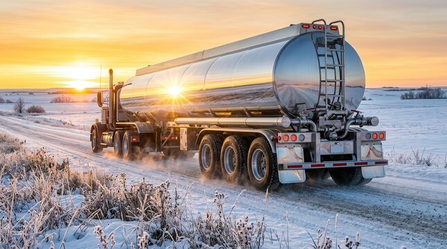 A polished chrome tanker truck driving through a snow covered prairie at sunrise.