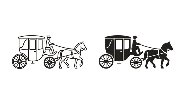 Horse-drawn Carriage Silhouette: Two detailed line art illustrations of a horse-drawn carriage, one in black and white outline and the other as a solid black silhouette.