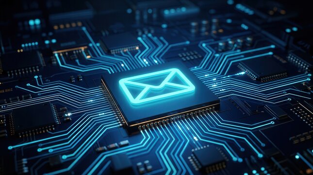Conceptual email correspondence icon on a glowing digital surface.