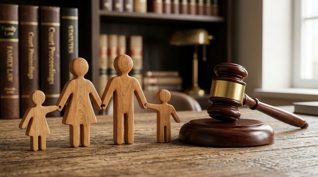 Wooden family figures holding hands in front of a judge gavel for child custody and divorce concepts.