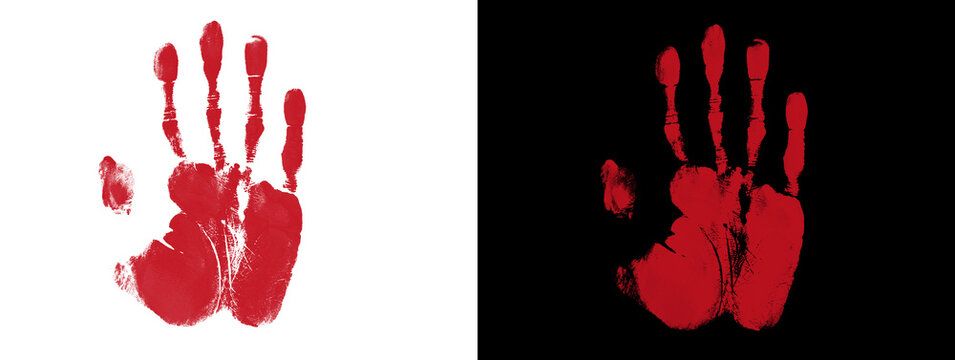 Detailed Bright Red Handprint on White and Black Split Background