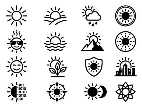 Sun Icons Set: Weather, Nature, Technology, and Lifestyle Symbols