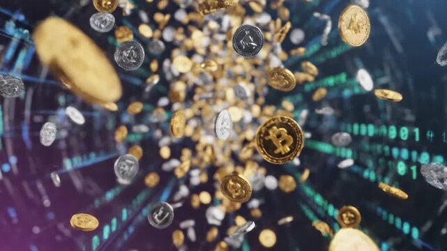 Digital gold and silver coins exploding outwards into a futuristic tunnel of binary code, representing financial technology and cryptocurrency growth