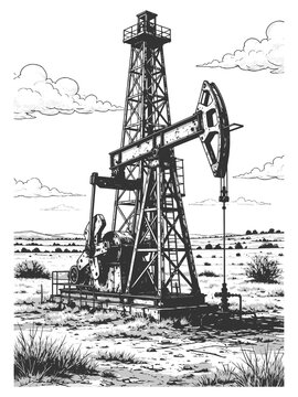 oil pumpjack and drilling tower in a sparse desert field, representing petroleum production and energy sketch engraving generative ai raster illustration. Scratch board imitation. Black and white.