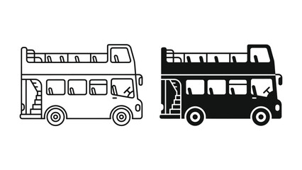 Double Decker Bus Icons: A pair of line art icons depicting a classic double-decker bus, one in outline and the other in silhouette. © Md