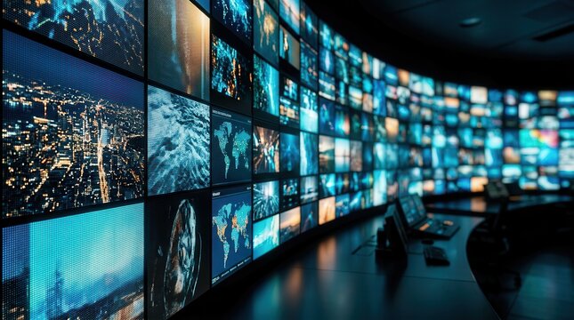 Digital media content displayed on multiple screens for global broadcast and streaming.