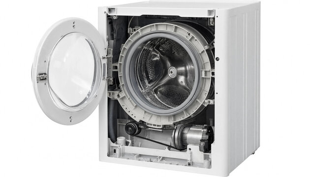 Front view of open modern washing machine interior showing drum and components transparent background