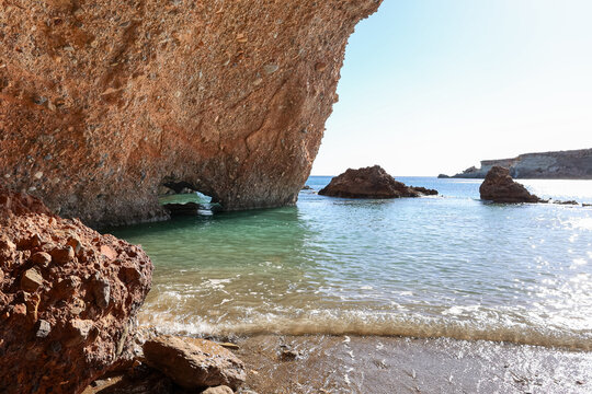View from sea cave toward the Mediterranean at Staousa Beach, Sitia, Crete, Greece